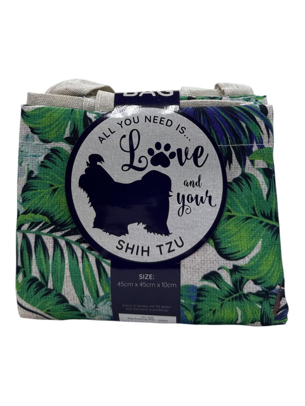 Lisa Pollock Tropical Leaf Tote Bag with Shih Tzu Design